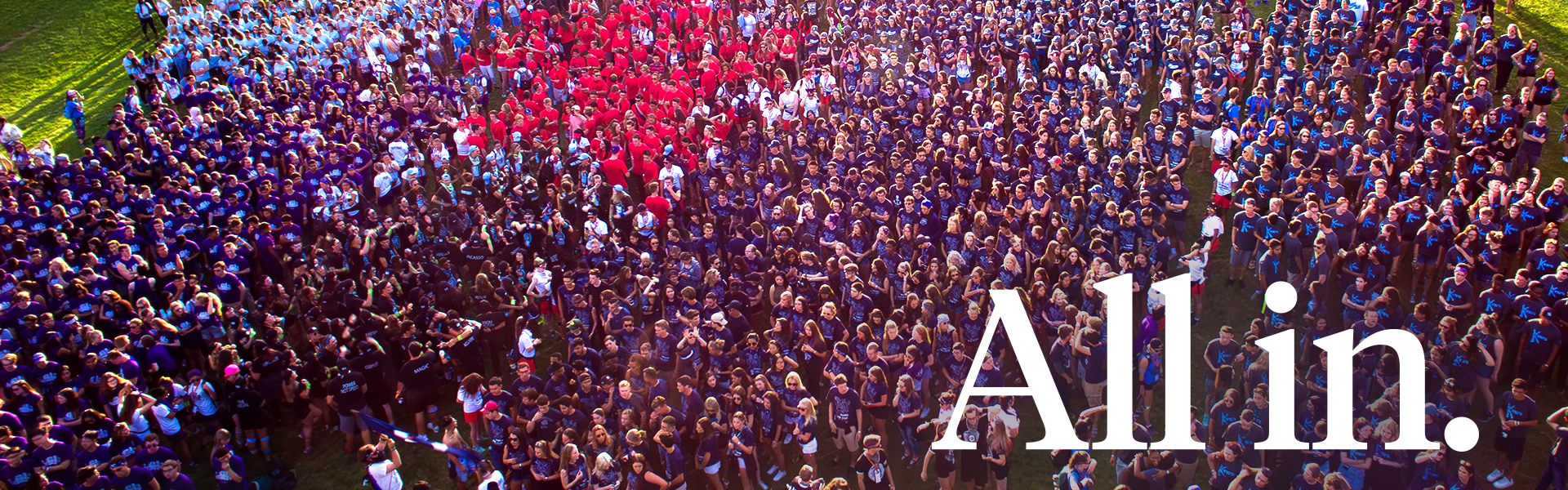 aerial photo of students at orientation week and words All in